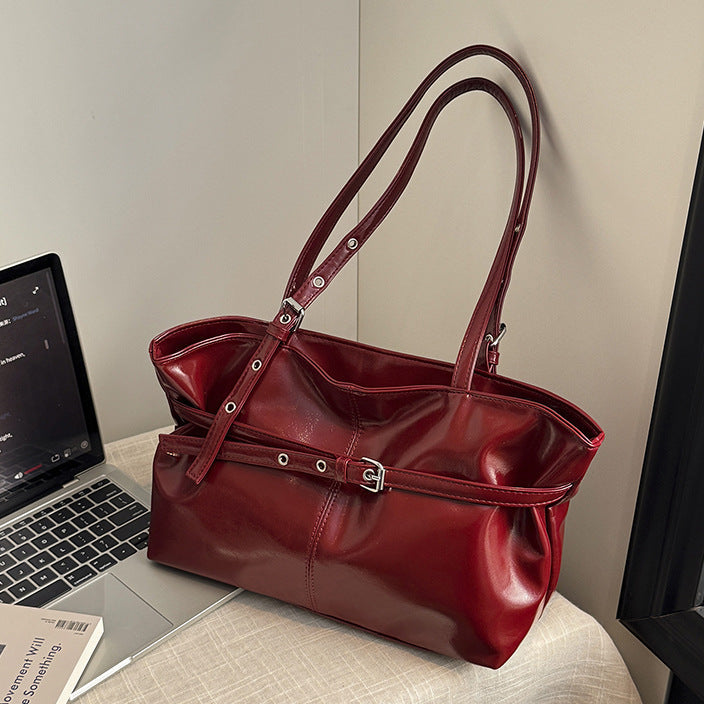 Women's Structured Leather Handbag with Buckle and Double Straps