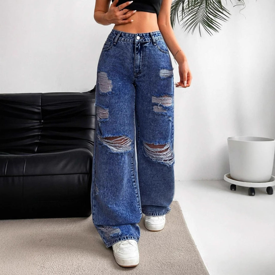 Women's High Waist Straight Leg Jeans – Distressed Wide Leg Fit