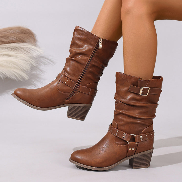 Leather Women's Boot with Pleated Belt, Rivet Detail, Chunky Heel