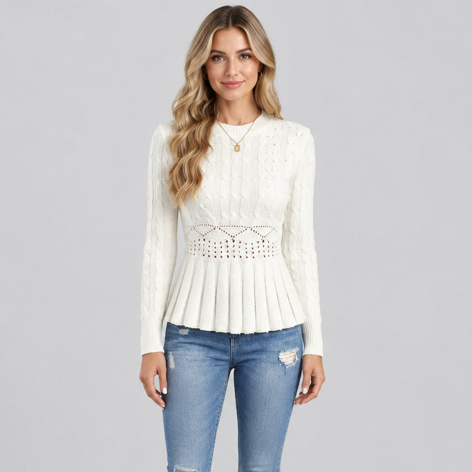 Women's Slim Fit Pleated Sweater Top – Crocheted Flower Detail