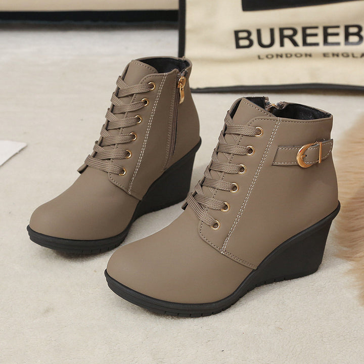 Women's Wedge Heel Ankle Boot with Buckle & Side Zip – Suede Look