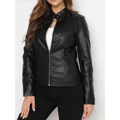 Women's Slim-Fit Vegan Leather Jacket – Commute Style Stand Collar
