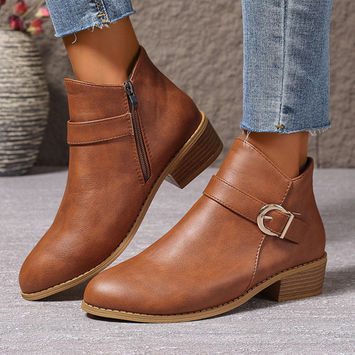 Women's Block Heel Ankle Boot – Buckle Strap Cotton Lined Leather