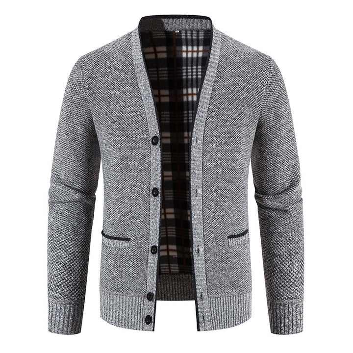 Men's Knitted Cardigan Sweater – Plush V-Neck Long Sleeve Rib Hem