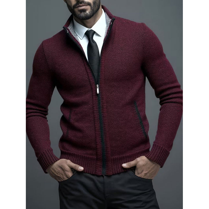Men's Knitted Cardigan – Stand Collar & Zip-Front Design