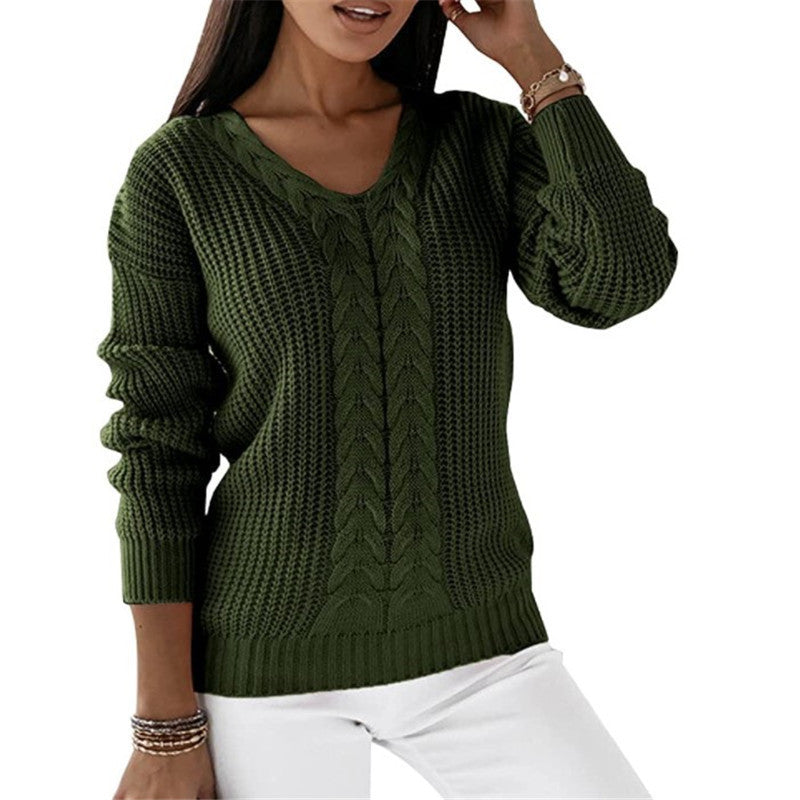 Cable Knit Sweater – Women's Soft V-Neck Textured Pullover