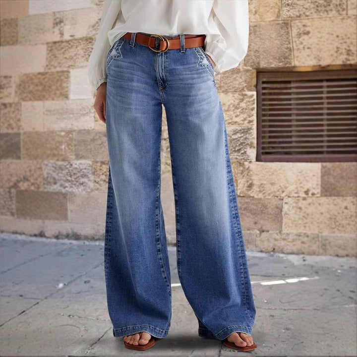 Women's Denim Straight-Leg Trouser – High Waist Embroidered Detail