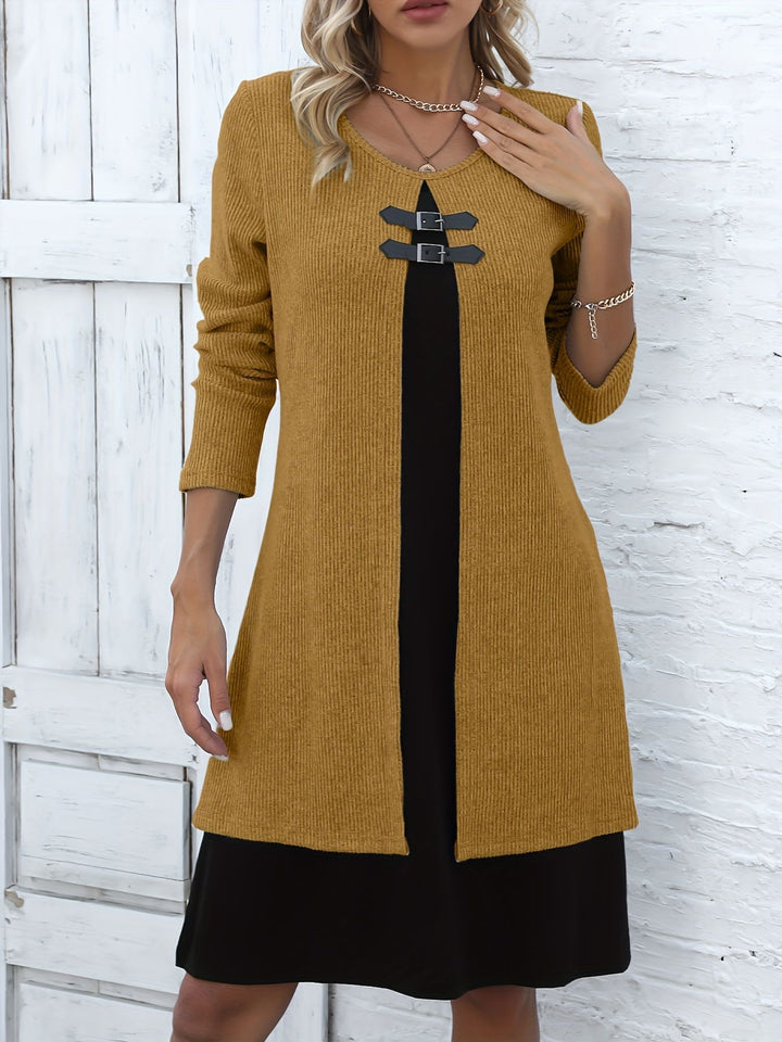 Women's Sweater Mini Dress – Contrast Layered Buckle Detail