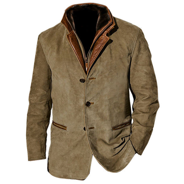 Men's Patchwork Jacket – Retro Style with Contrast Collar & Patch Pockets