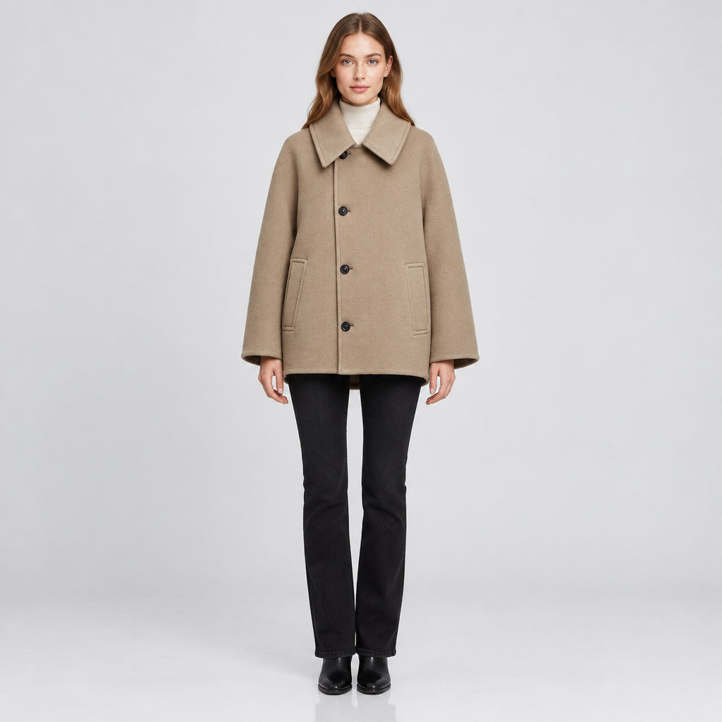 Women's Short Lapel Coat – Relaxed Fit Oblique Front