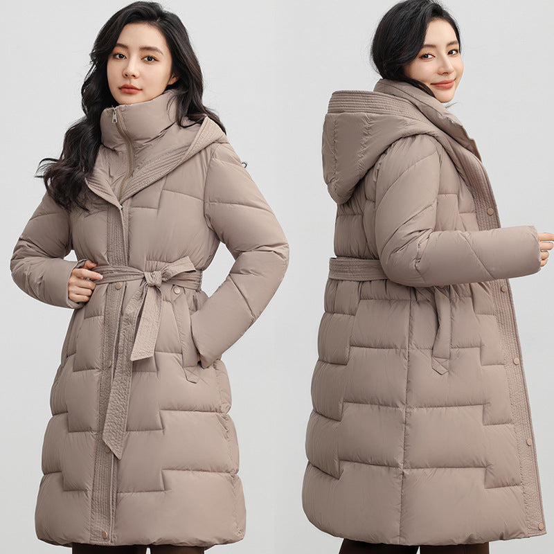 Women's Hooded Down Cotton Coat with Adjustable Waist