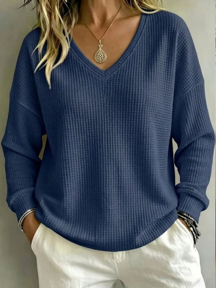 Women's V-Neck Long Sleeve Pullover Top – Regular Fit, Fluid Drape