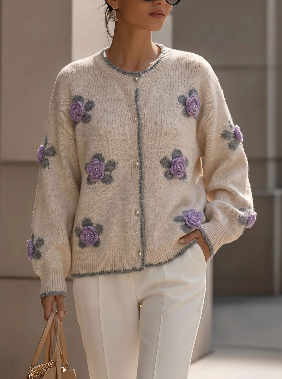Women's Knit Cardigan – 3D Floral Appliqué and Scalloped Detailing