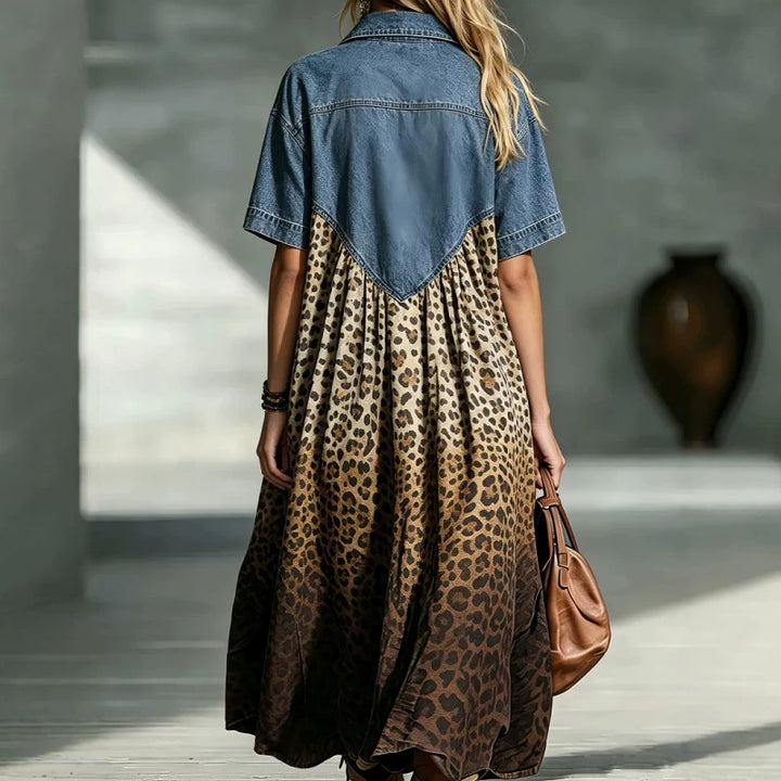 Leopard Patchwork Midi Dress – Women's A-Line Button-Front Cotton