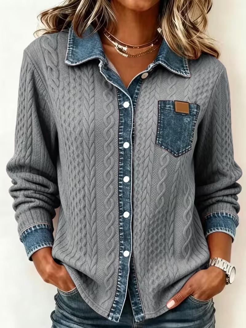 Women's Cable-Knit Plaid Shirt – Textured Long Sleeve Classic Style