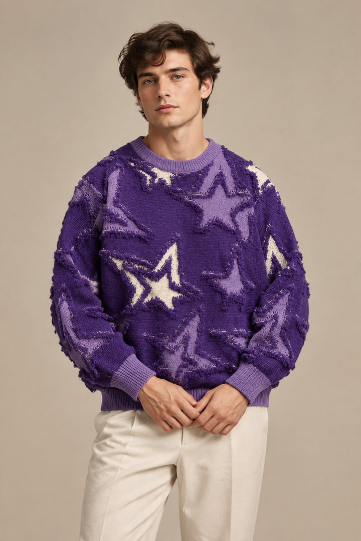 Men's Star Jacquard Knit Sweater – Relaxed Fit Pullover by
