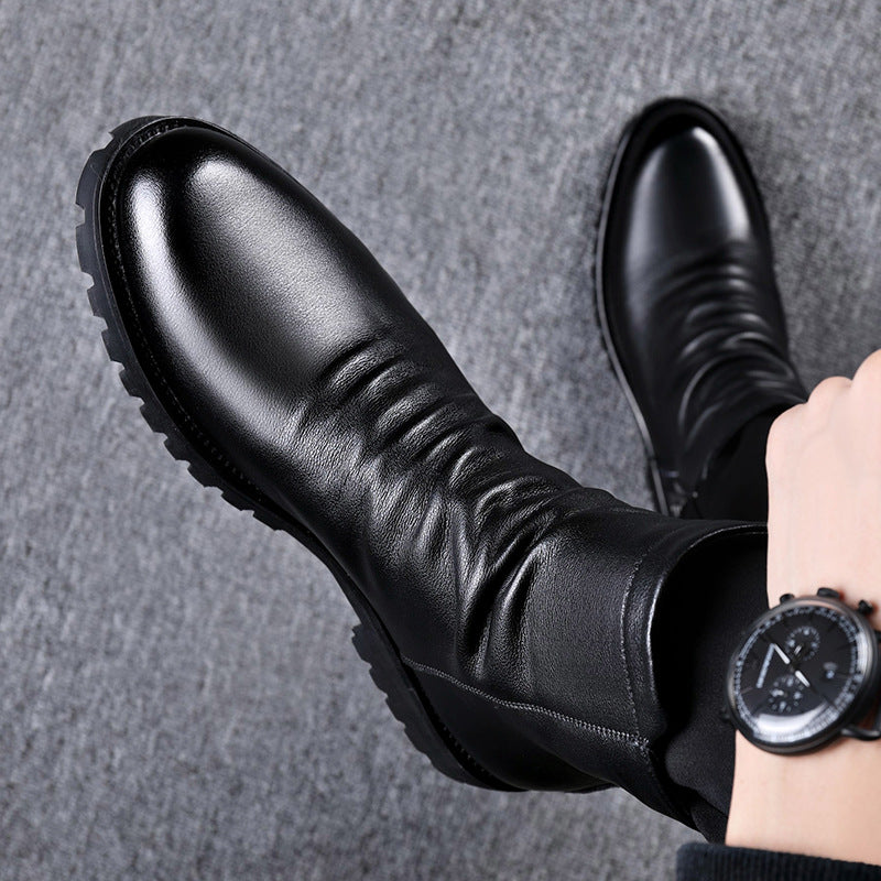 Men's Leather Boot – Low Heel Zipper High-Top Style