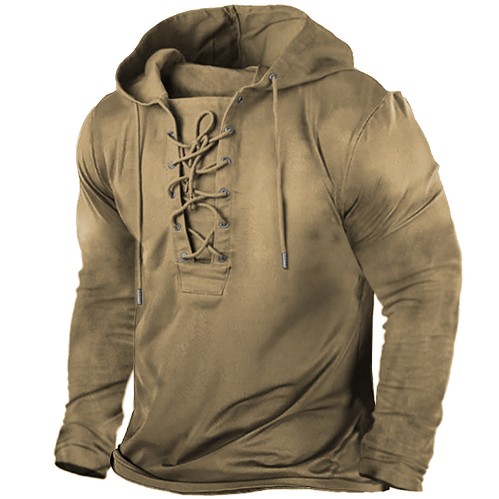 Men's Lace-Up Hooded T-Shirt – Soft Stretch Long Sleeve Top