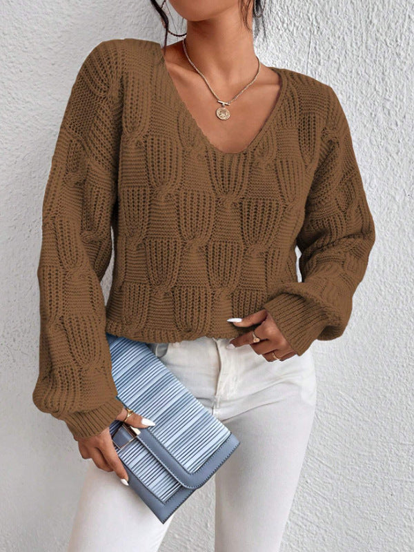 Women's Loose Knit Pullover Sweater – V-Neck Solid Relaxed Fit