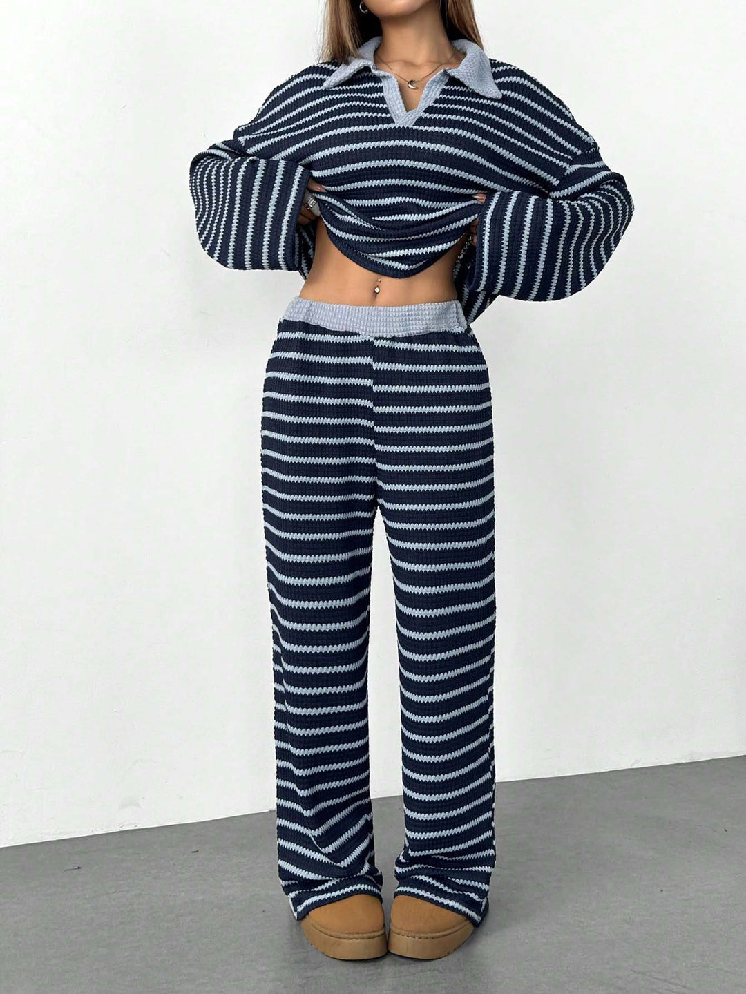 Striped Knit Two Piece Set for Women – Long Sleeve Top & Pants