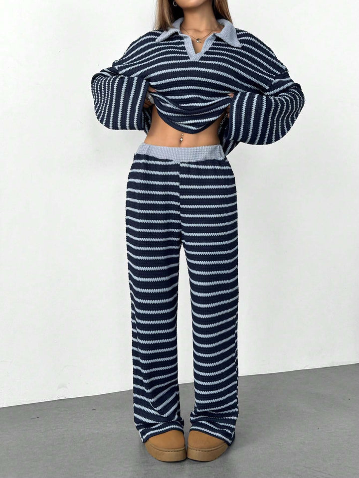 Striped Knit Two Piece Set for Women – Long Sleeve Top & Pants