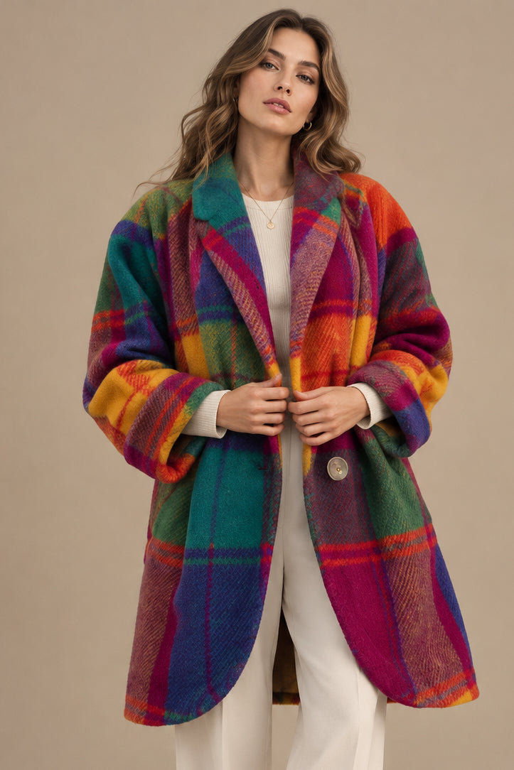 Plaid Lapel Wool-Blend Women's Jacket – Relaxed Fit, Button Front, Pockets