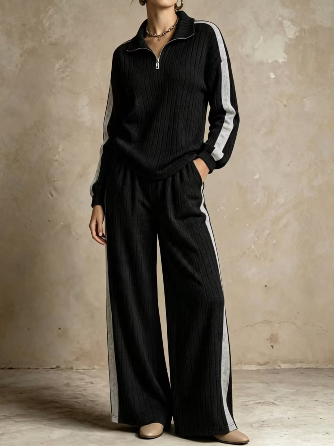 Women's Two Piece Lounge Set – Ribbed Knit Half-Zip Top & Pants