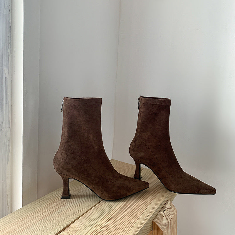 Women's Suede Stiletto Heel Ankle Boot – Pointed Toe, Back Zip