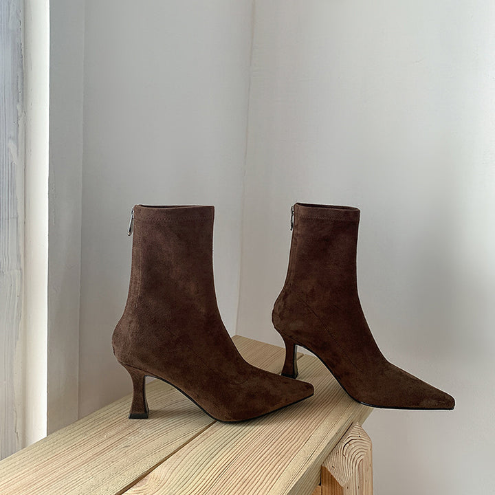 Women's Suede Stiletto Heel Ankle Boot – Pointed Toe, Back Zip