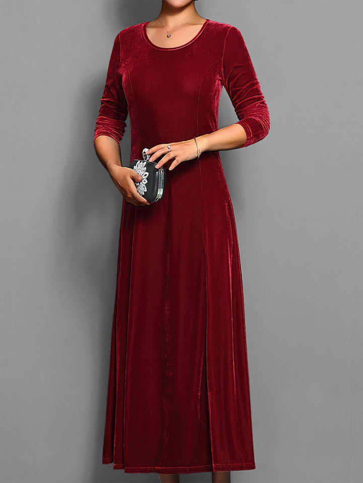 Velvet Midi Dress for Women – 3/4 Sleeve A-Line Classic