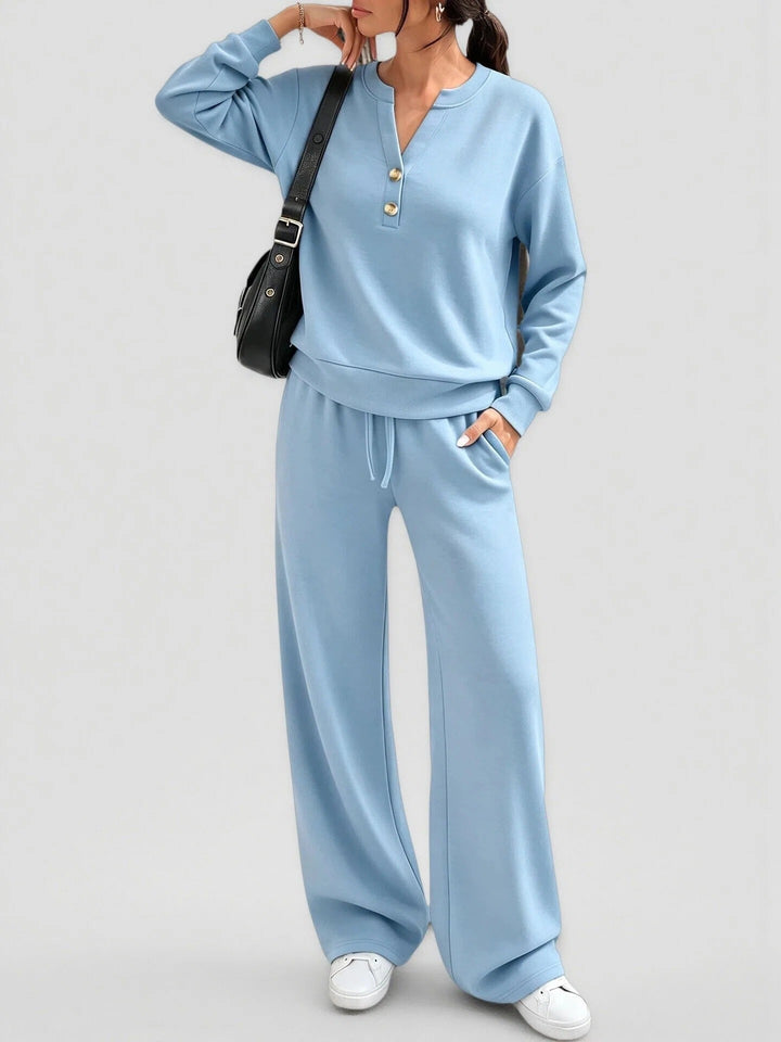 Women's Lounge Set – Soft Stretch Long Sleeve Top & Wide Leg Pants