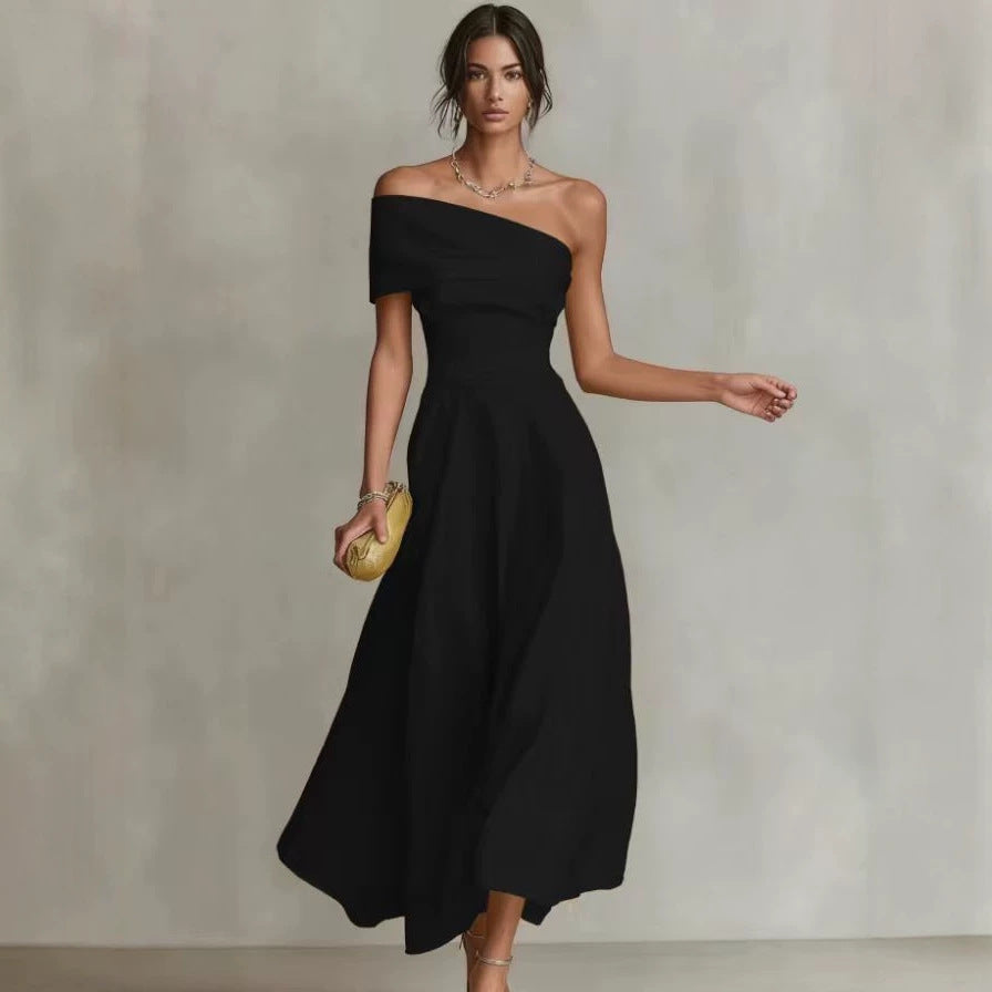 Women's Off-Shoulder Backless Maxi Dress – Waist-Cinching Silhouette