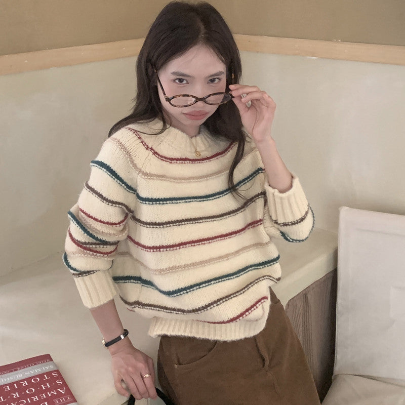 Women's Striped Knit Sweater – Soft Pullover with Raglan Sleeves