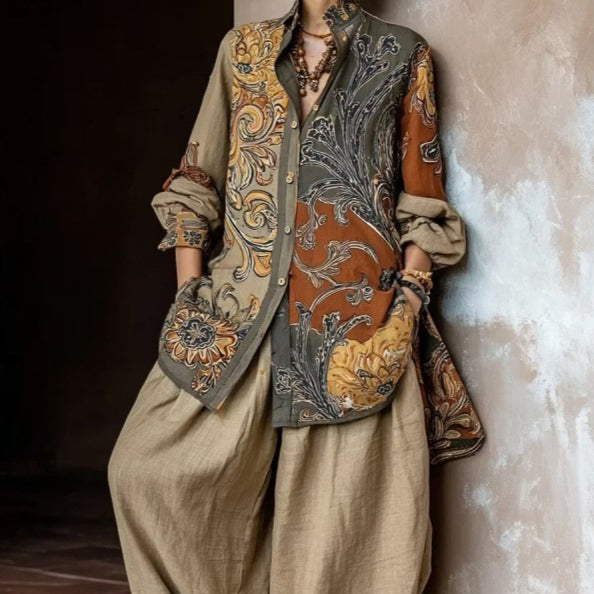 Women's Two Piece Set – Printed Shirt and Full-Length Trouser