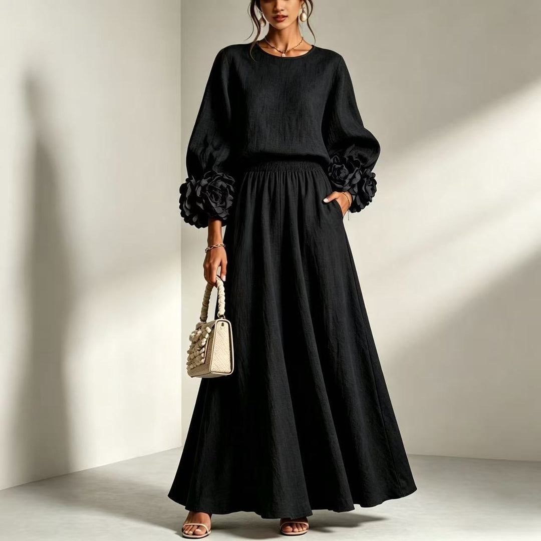 Women's Rose Puff-Sleeve A-Line Skirt Set – Dimensional Floral Detail