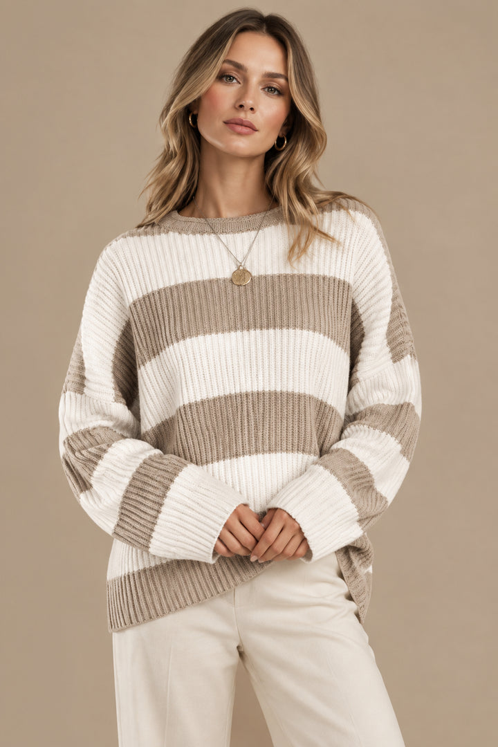 Women's Striped Knit Sweater – Soft Batwing Sleeve Pullover