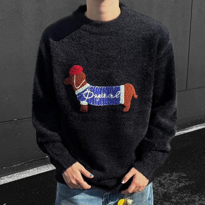 Men's Knit Sweater with Dachshund Embroidery – Pullover Raglan Sleeve