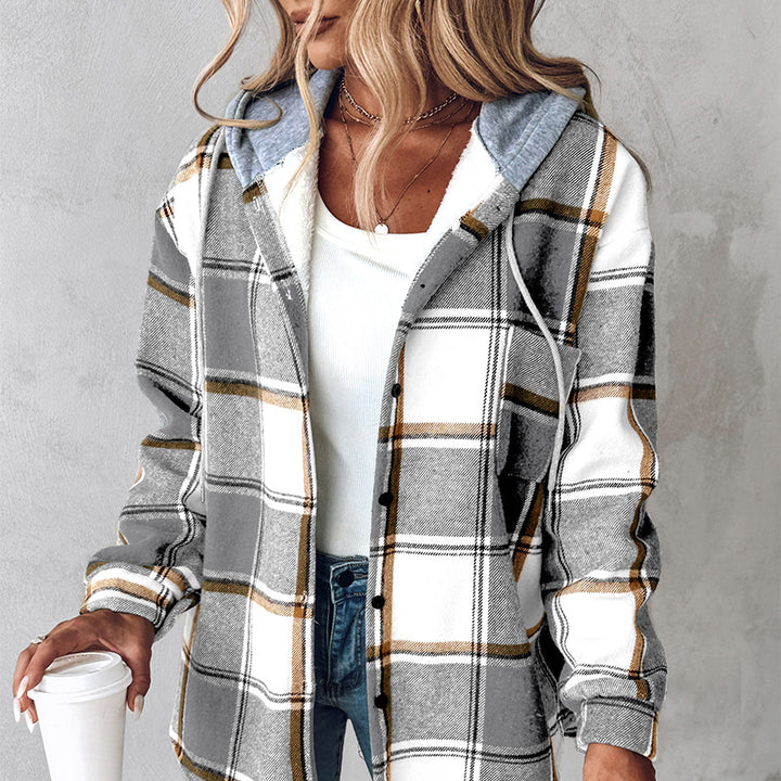 Plaid Hooded Jacket for Women – Button Front, Casual Cotton Blend