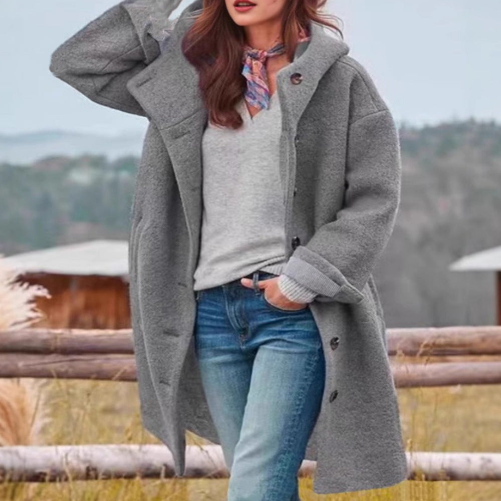 Women's Long Casual Coat with Pockets – Relaxed Fit Structured Fabric