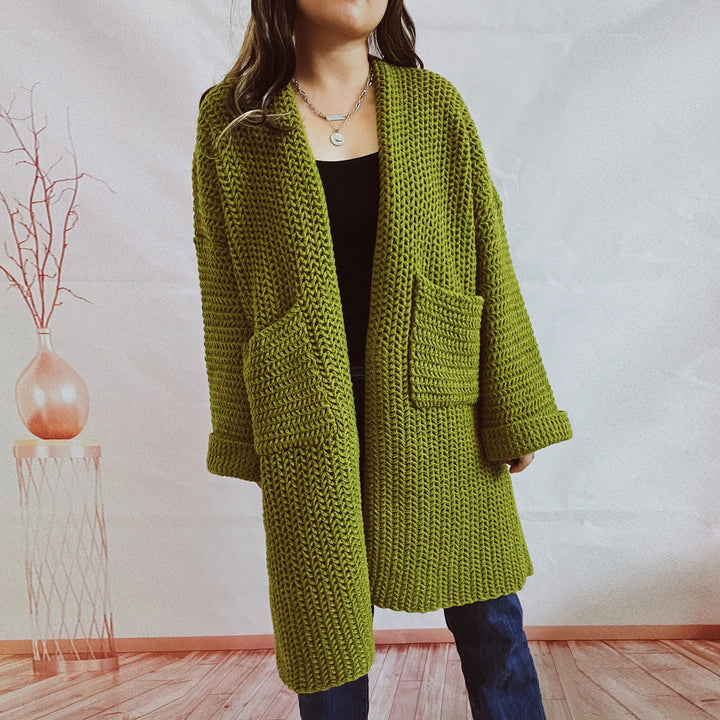 Women's Chunky Knit Cardigan – Loose Fit, Wrap Front, Practical Pockets
