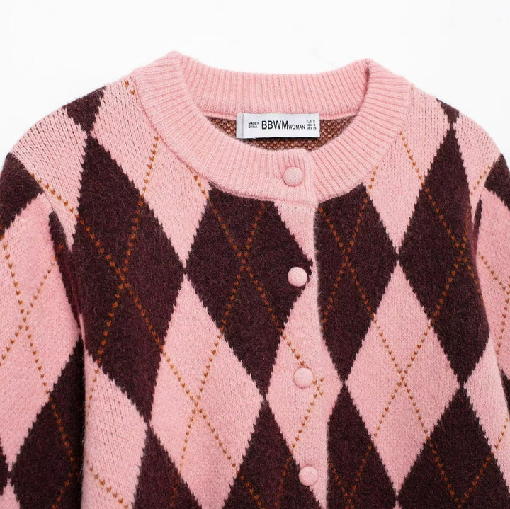 Diamond Jacquard Knit Coat for Women – Relaxed Layered Street Style