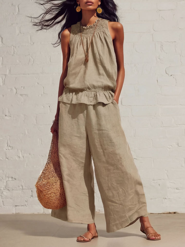 Women's Two Piece Set Sleeveless Ruffled Vest and Straight-Leg Pants