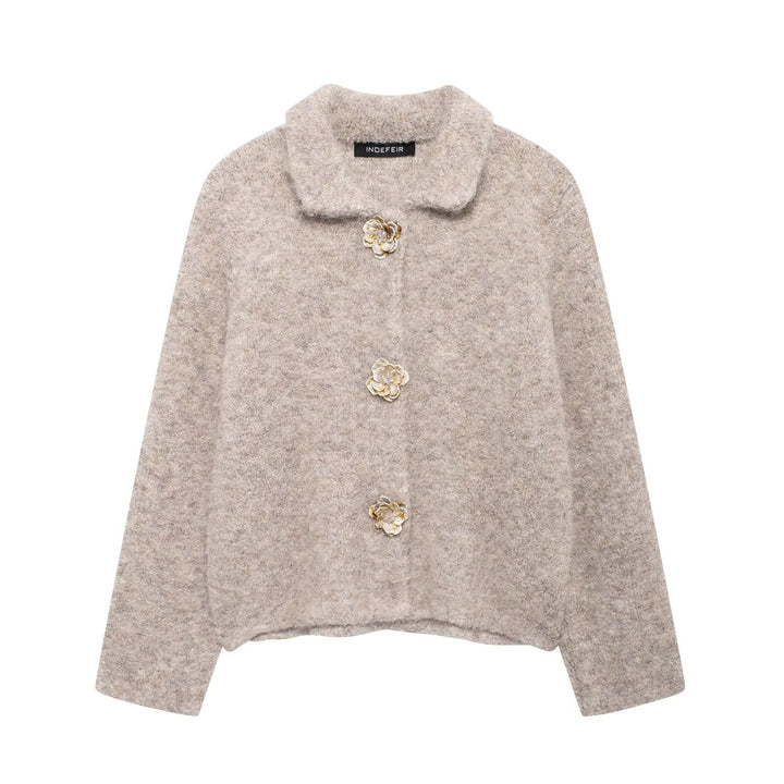 Knitted Coat for Women – Flower Row Buttons & Textured Knit