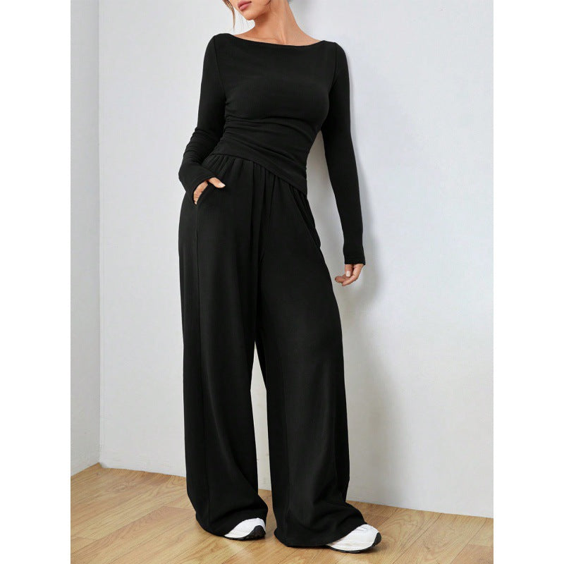 Women's Two Piece Set – Cotton Long Sleeve Suit with Relaxed Trousers