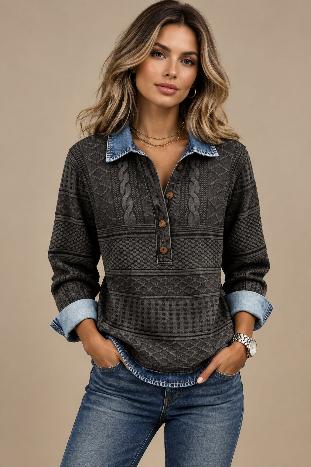 Women's 3D Effect Textured Knit Stand Collar Long Sleeve Top Pullover