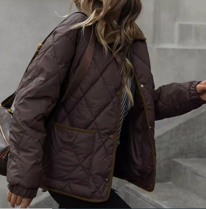 Women’s Cotton Coat – Warm Vintage Lapel Outerwear, Patchwork Design