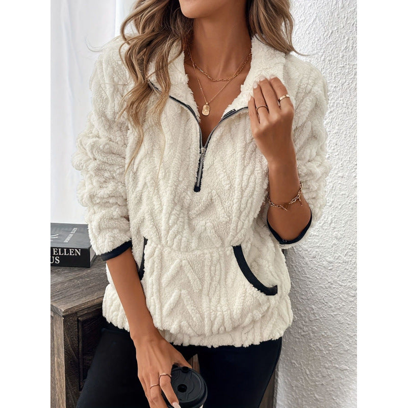 Women's Plush Sweater – Contrast Collar Half-Zip Design
