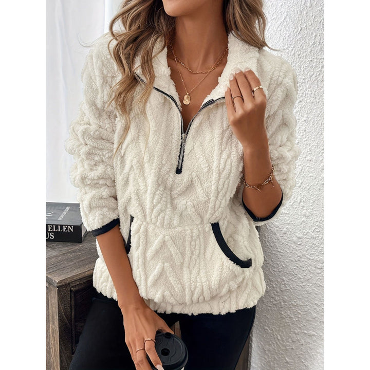 Women's Plush Sweater – Contrast Collar Half-Zip Design