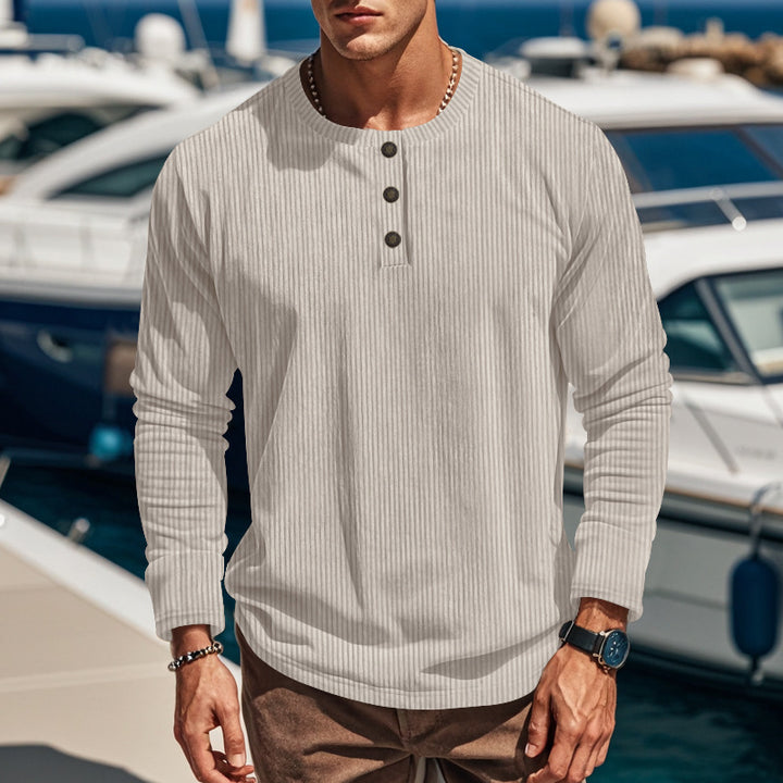 Corduroy Shirt for Men – Slim-Fit Pullover, Four-Button Long Sleeve