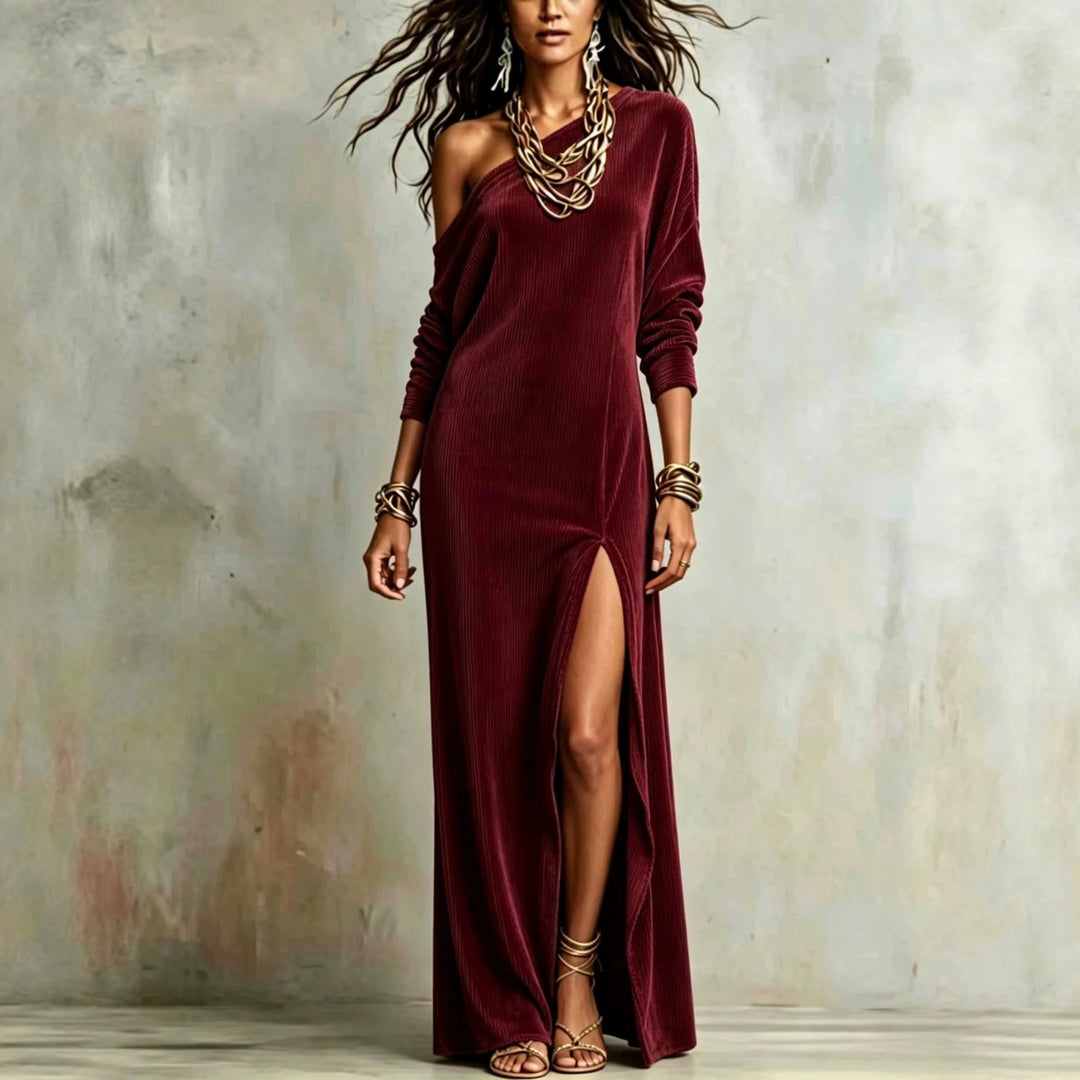 Women's Ribbed Maxi Dress – One-Shoulder, Structured Draped Silhouette